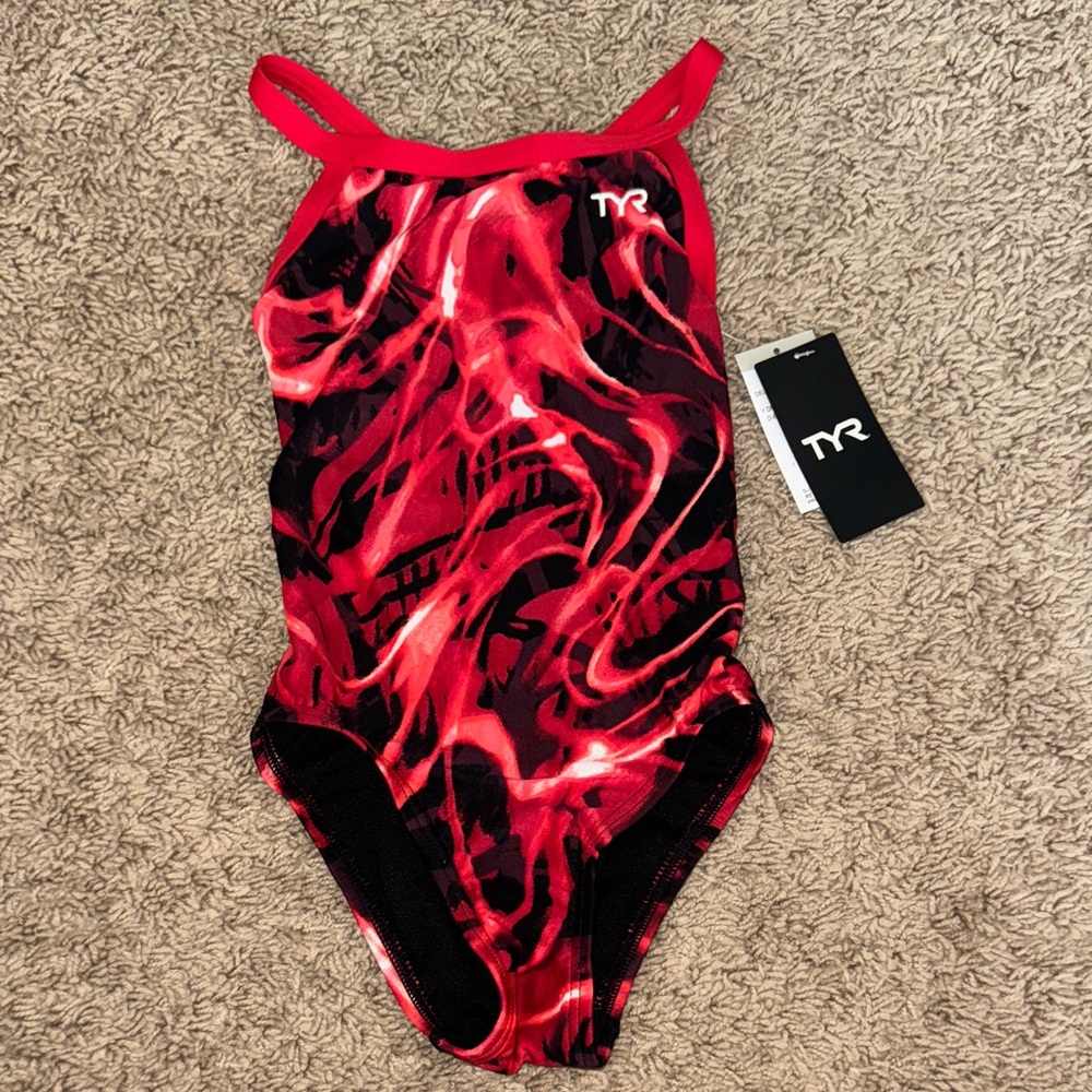 TYR Kids One Piece Swimsuit - Red and Black 2 sizes available 6/7